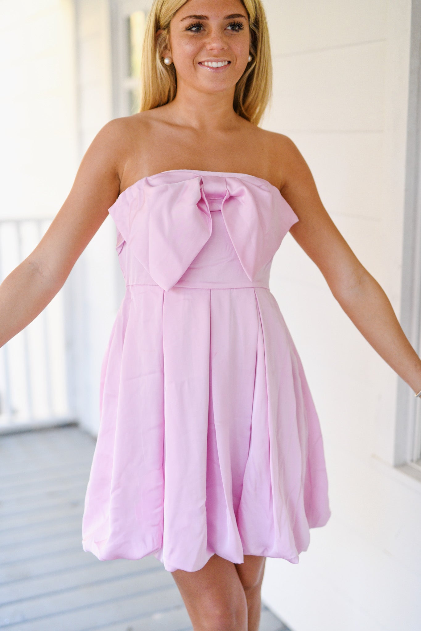 Bubble Bow Mini Satin Dress - Baby Pink