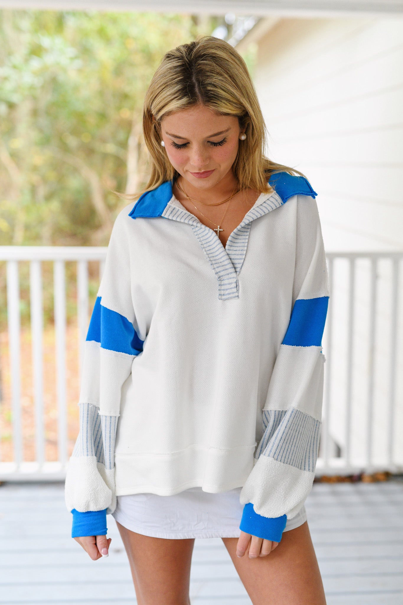 Gracelynn French Terry Knit Tunic Top - Ivory/Blue