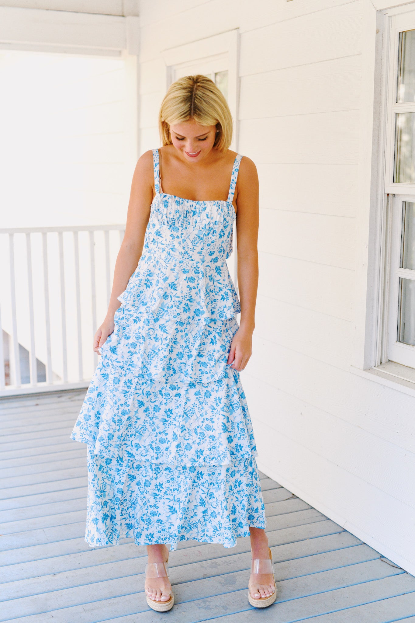Ainsley Tiered Floral Maxi Dress - Blue/White