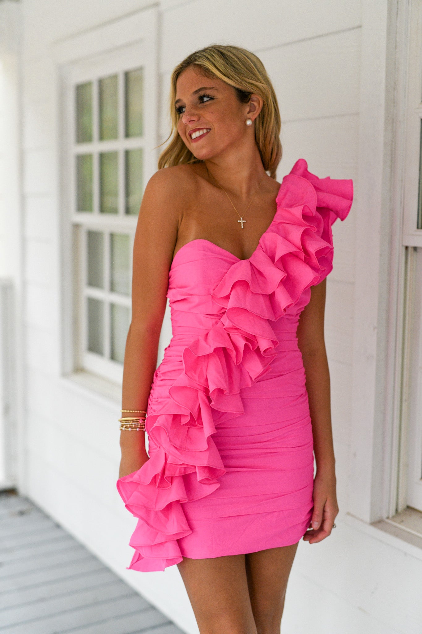 Cassie One Shoulder Ruffle Dress - Hot Pink