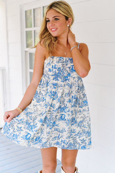 Olivia Toile Printed Dress - Cream/Blue
