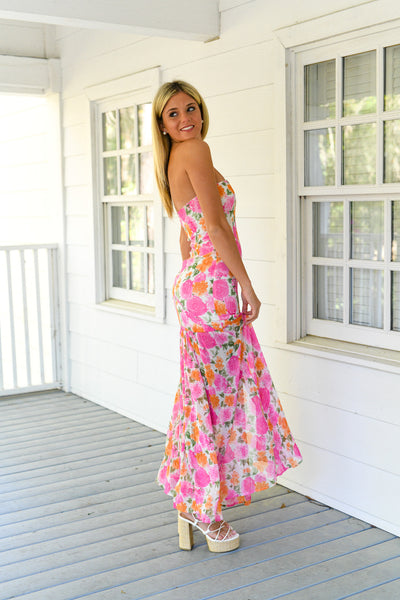 Hailey Strapless Asymmetric Floral Maxi Dress - Pink/Orange