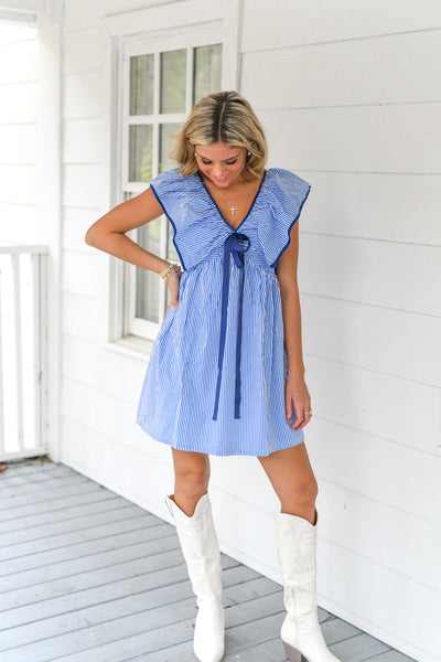 Kinley Mini Babydoll Dress - Blue White Striped