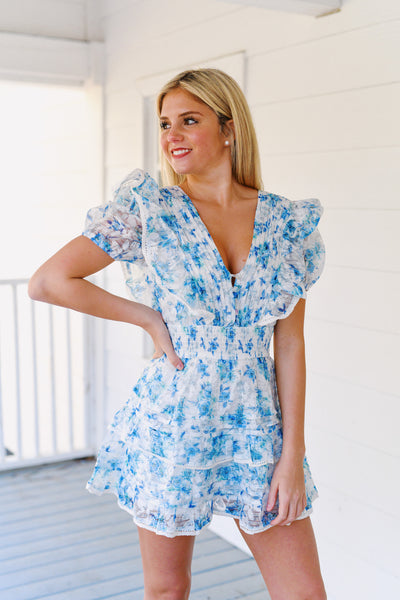 Olivia Floral Ruffle Mini Dress - Blue