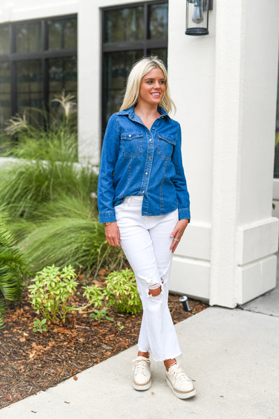 Fall Leaves Denim Button Down Top