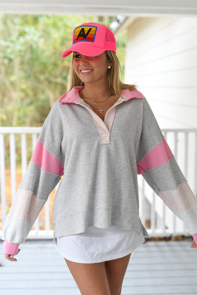 Gracelynn French Terry Knit Tunic Top - Grey/Pink