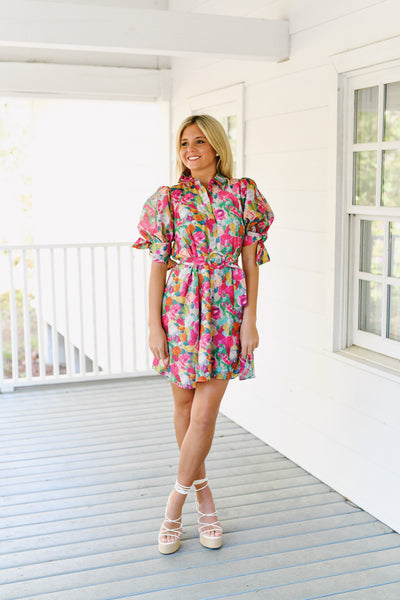 Garden Party Belted Dress - Pink Multi