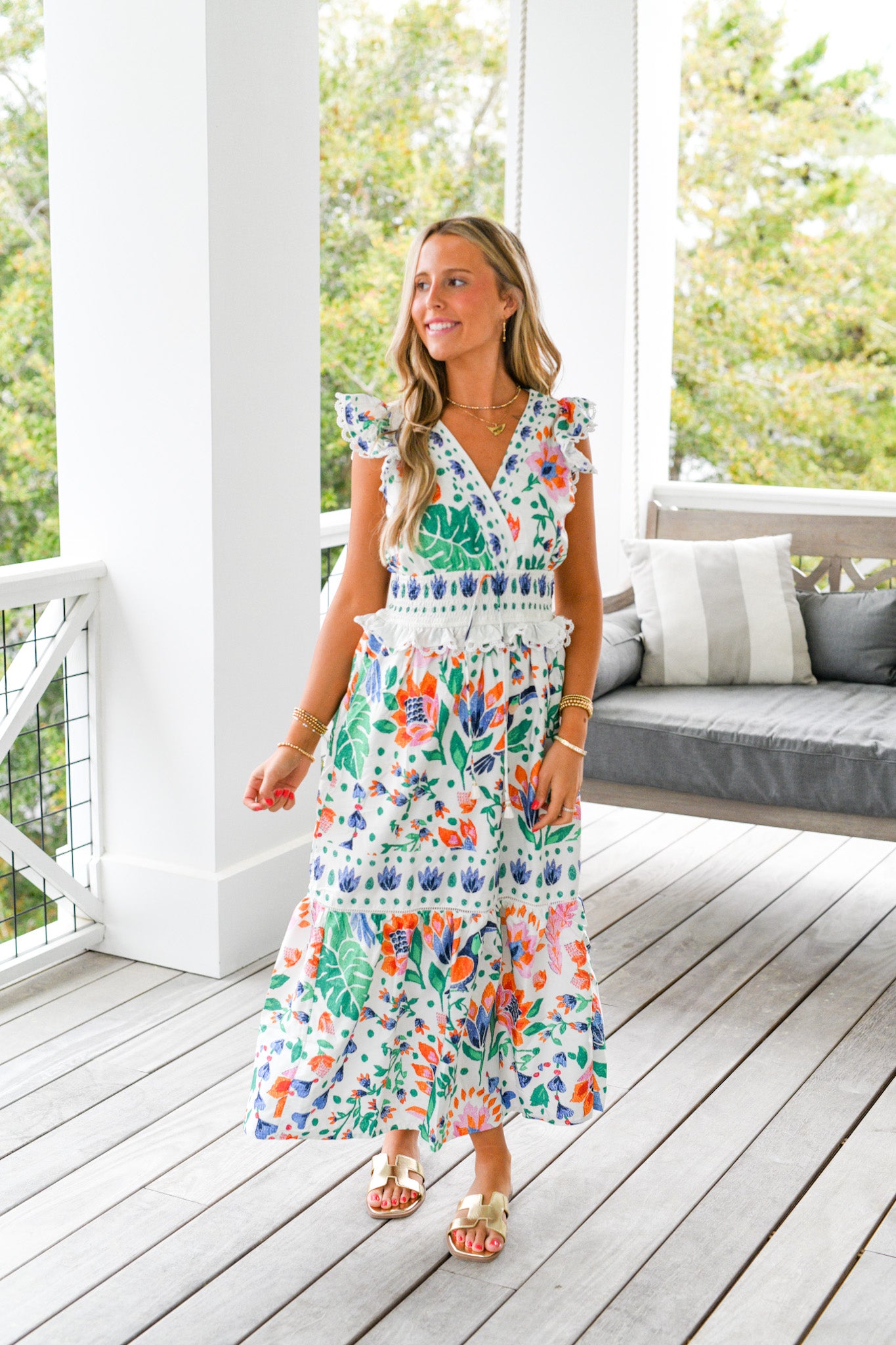 Molly Floral Print Tiered Maxi Dress - White Multi