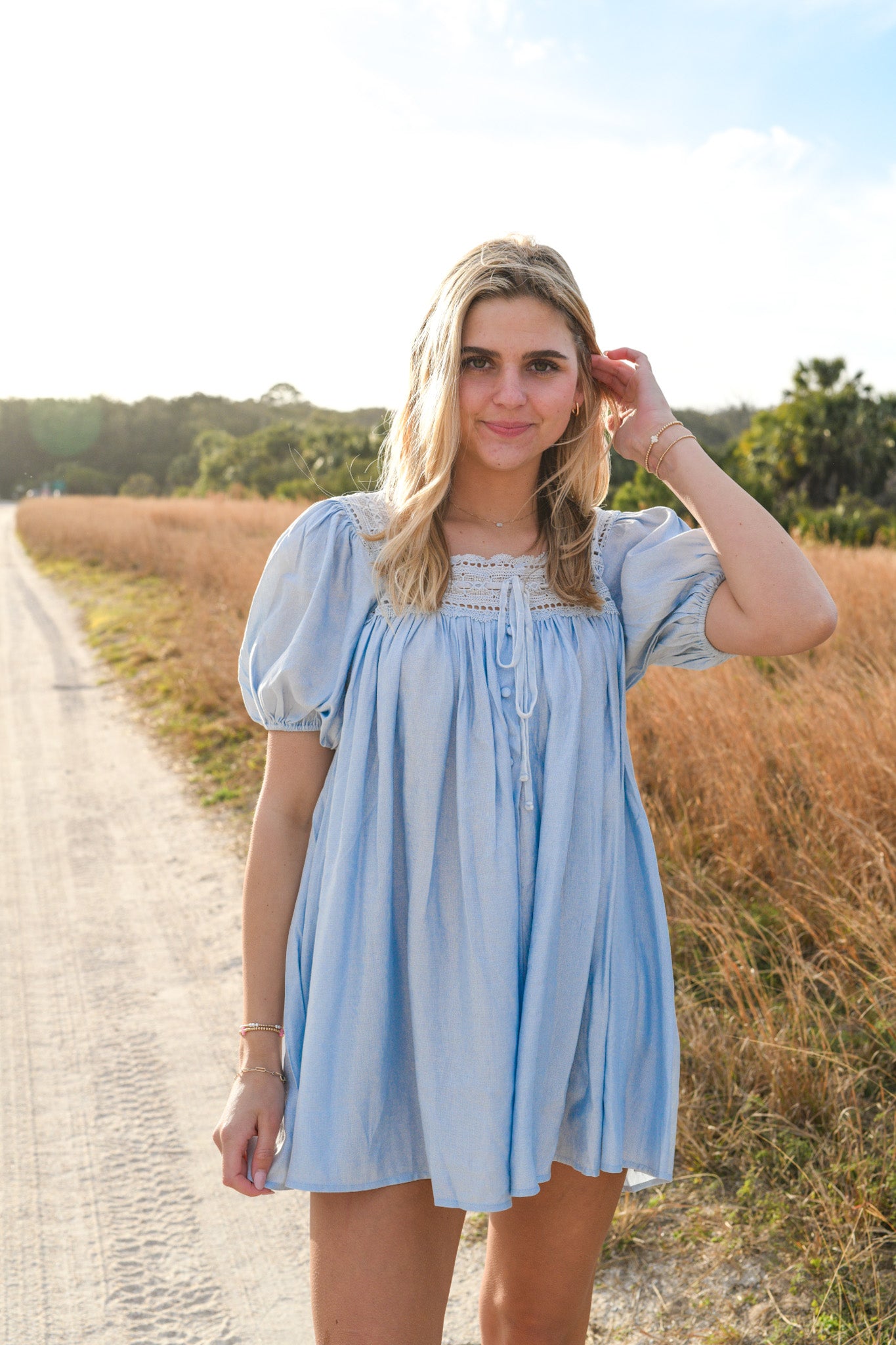 Katie Lace Trim Dress - light blue