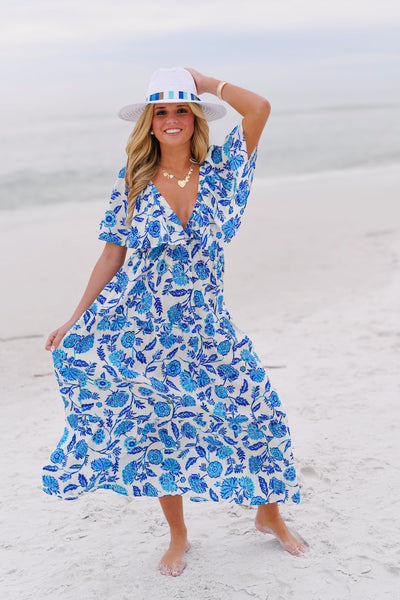 Riley Floral V Neck Dress - Blue Floral