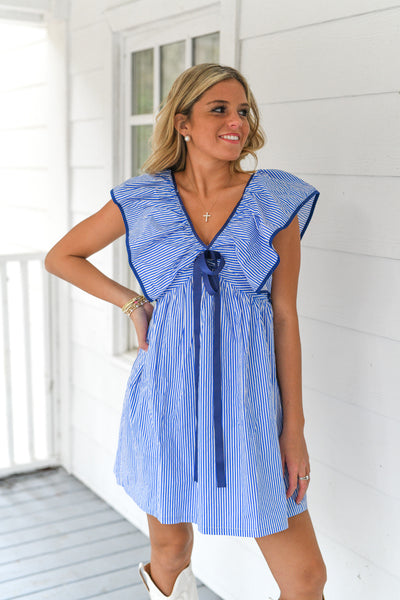 Kinley Mini Babydoll Dress - Blue White Striped