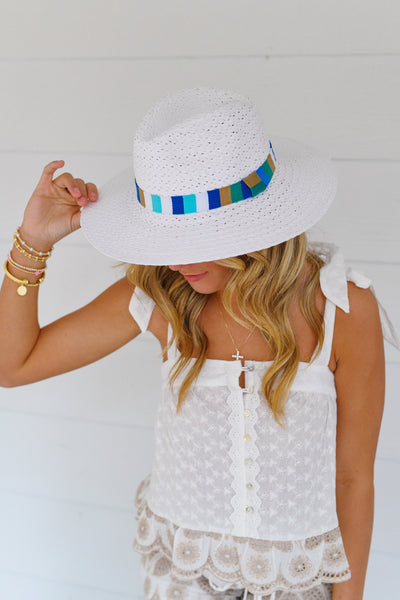 Multi Color Stripe Band Straw Hat - White