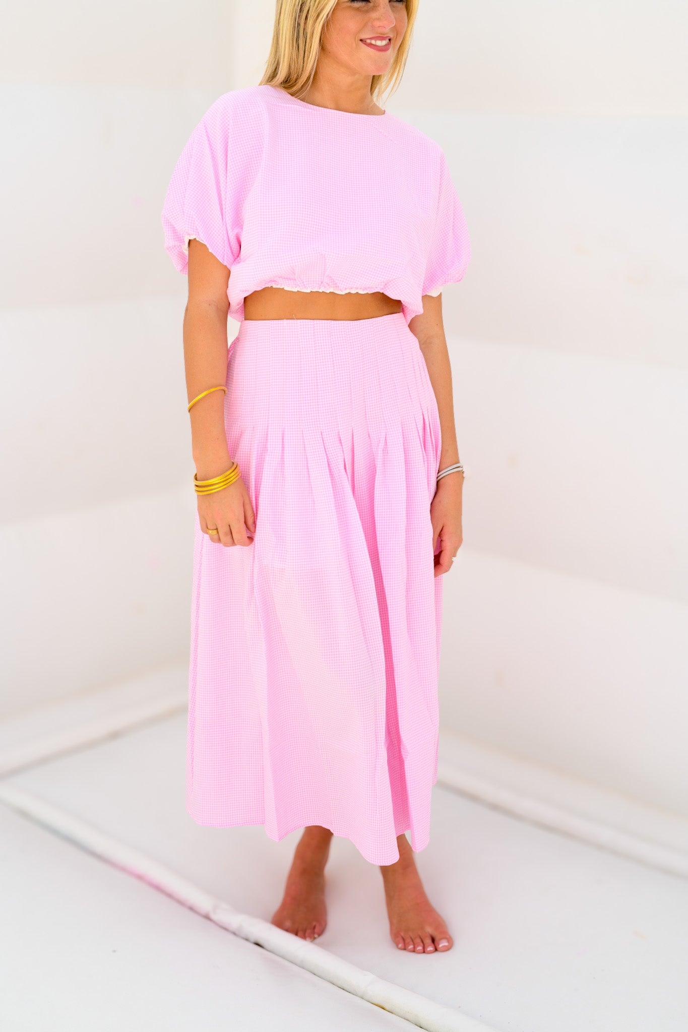 Megan Puff Midi Skirt Set - Pink