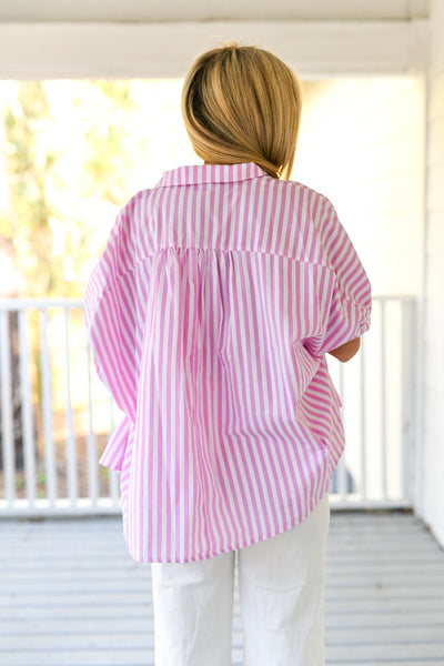 Abigail Oversized Button Down Shirt - Pink/White