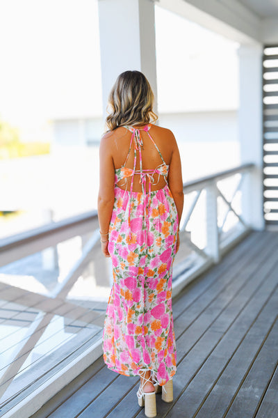 Paige Floral Chiffon Open Back Maxi Dress - Pink/Orange
