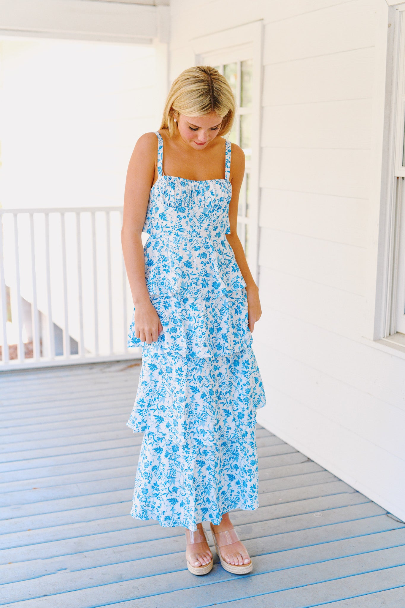 Ainsley Tiered Floral Maxi Dress - Blue/White