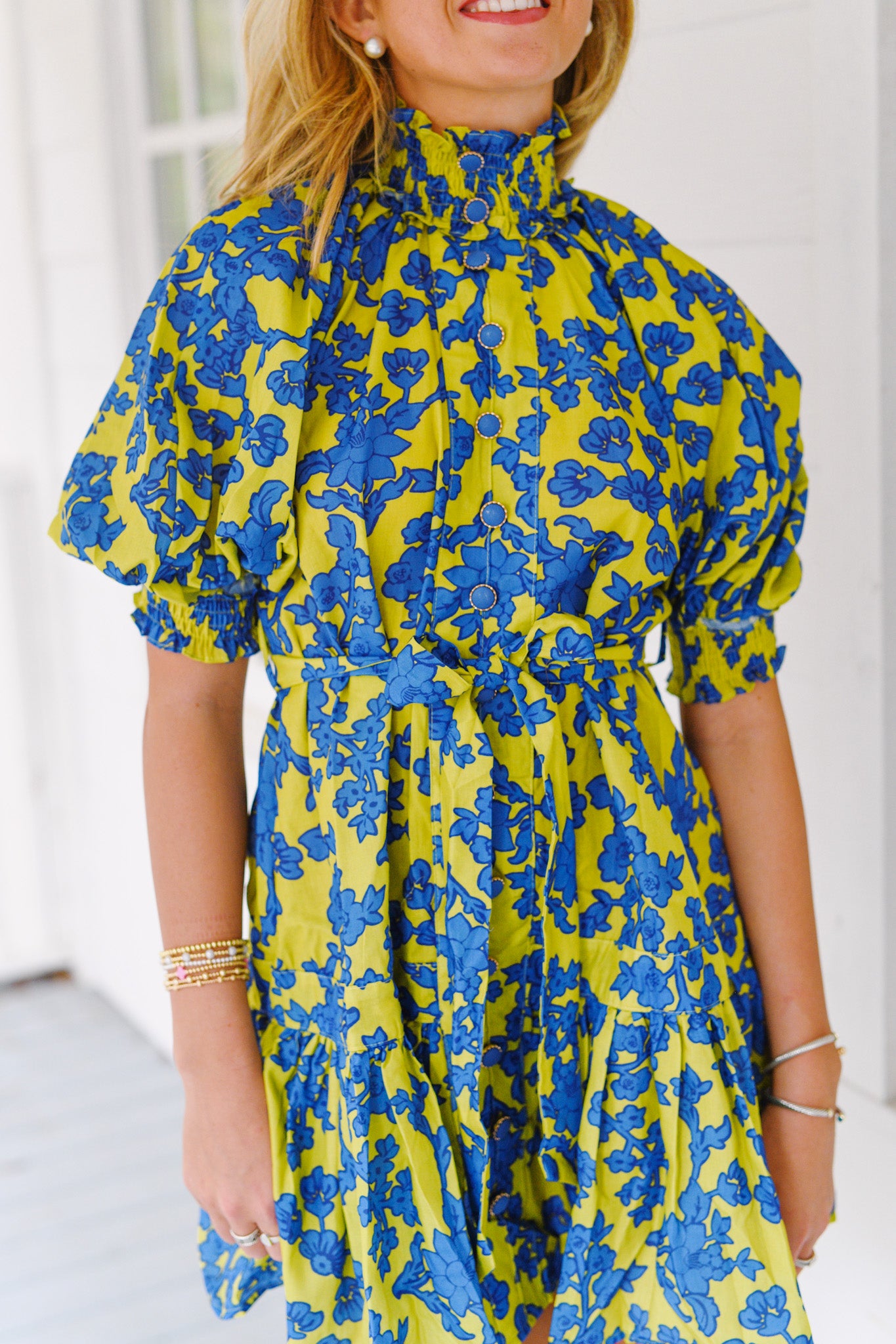 Nicole Floral Print Puff Sleeve Dress - Lime/Blue