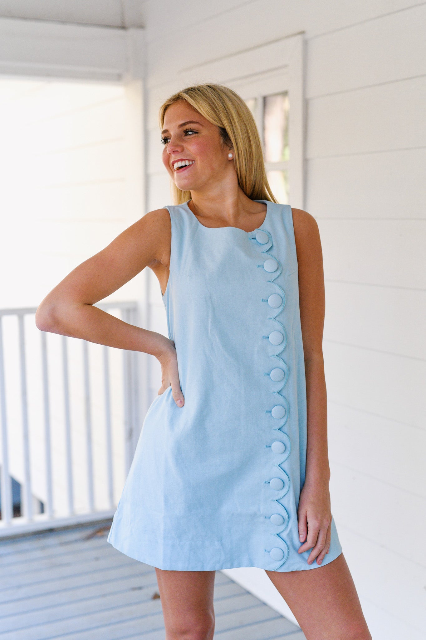 Sammi Scallop Button Mini Dress - Light Blue