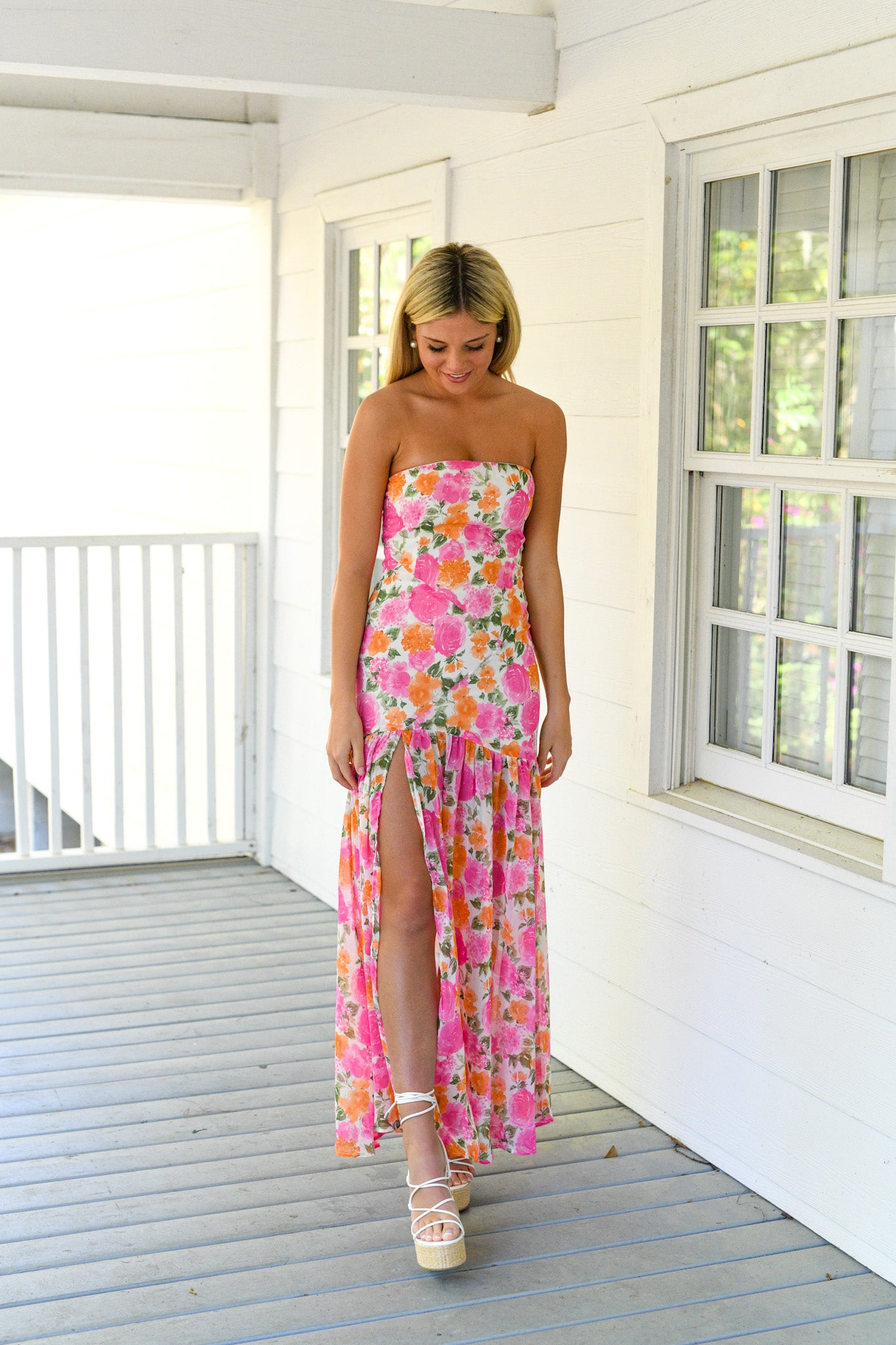 Hailey Strapless Asymmetric Floral Maxi Dress - Pink/Orange