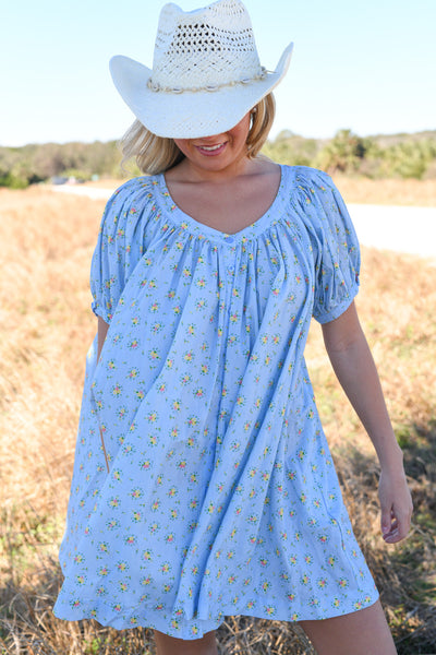 Hallie Puff Sleeve Floral Dress - Blue