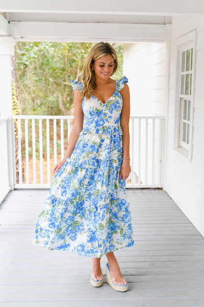 Madeline Blue Floral Tiered Midi Dress