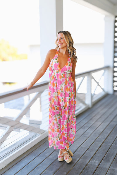 Paige Floral Chiffon Open Back Maxi Dress - Pink/Orange