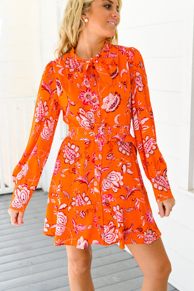 Cosmo Floral Flare Mini Dress - Orange