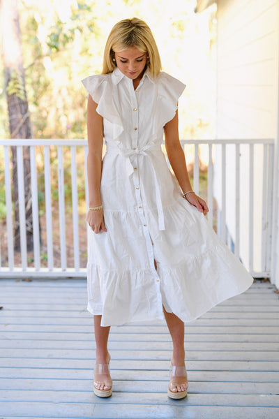 Jessica Ruffle Button-down Poplin Midi Dress - White