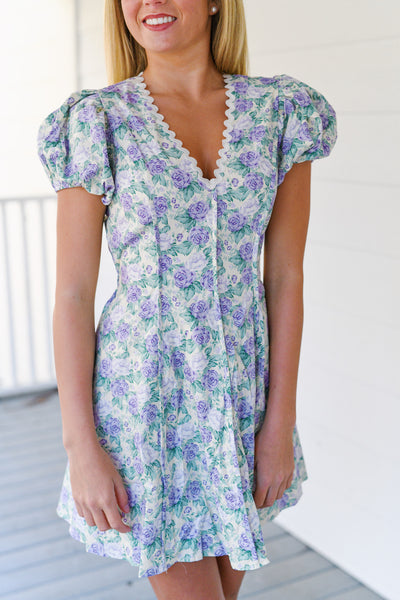Emily Floral Print Puff Sleeve Dress - Lavender Floral