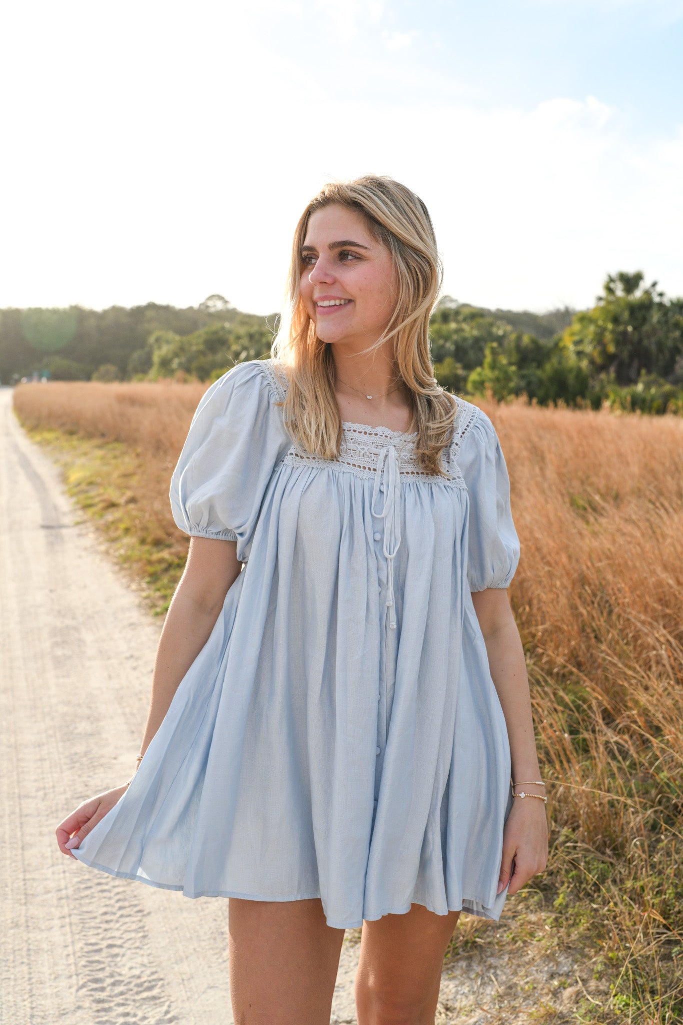 Katie Lace Trim Dress - light blue