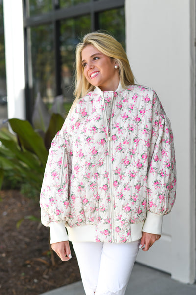 Floral Print Quilted Oversized Jacket