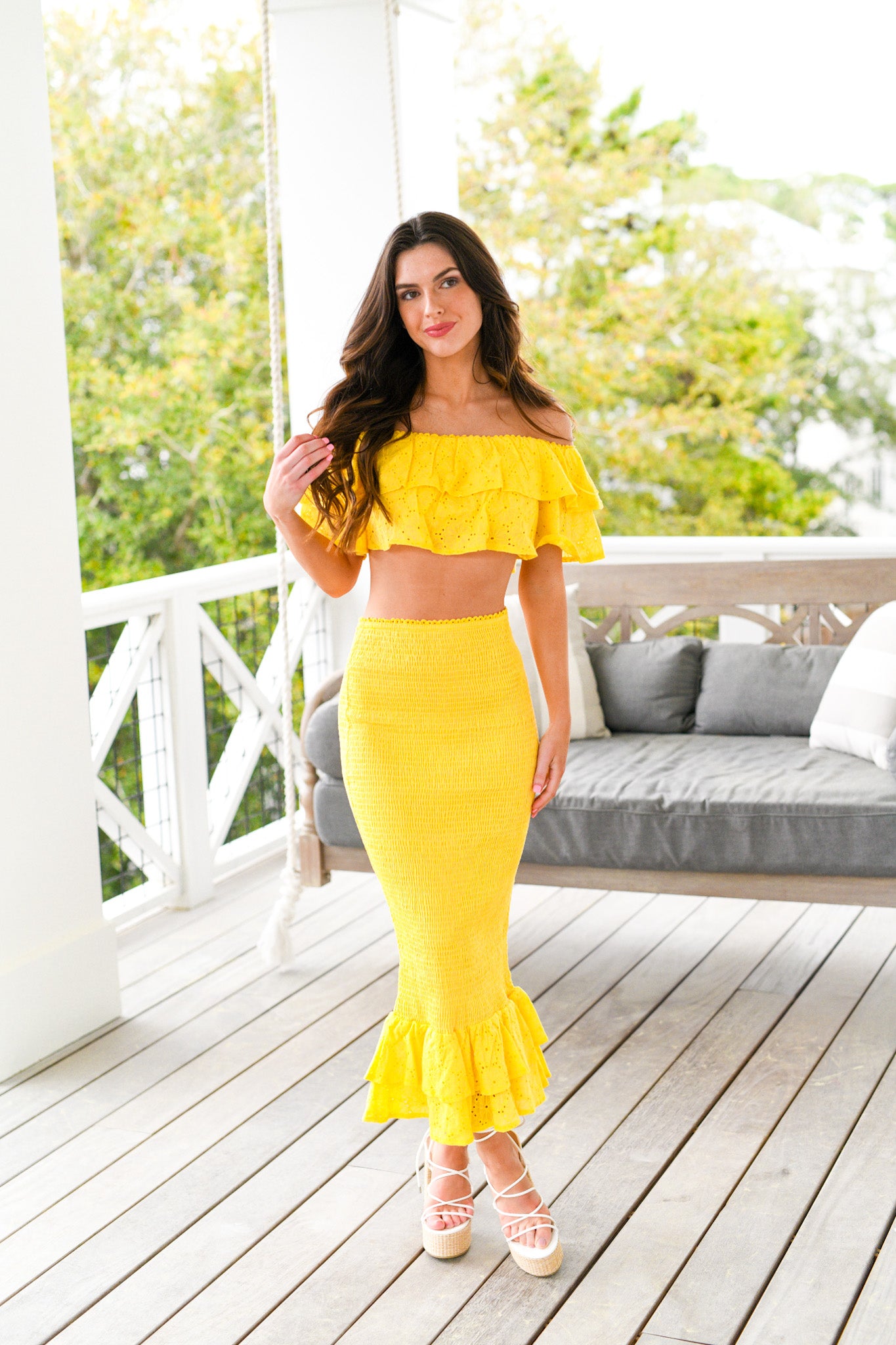Kylie Lace Tier Ruffle Off Shoulder Top Set - Yellow