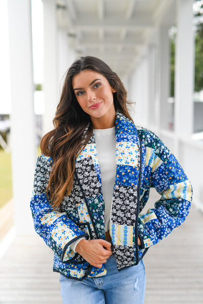 Rosy Patchwork Print Quilted Jacket - Blue