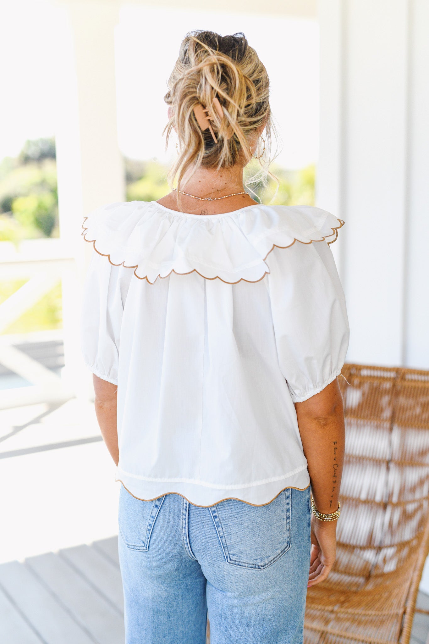 Cate Scalloped Collar Top - Off White/Taupe