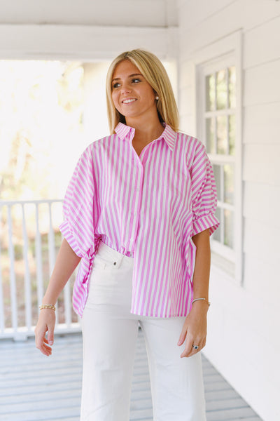 Abigail Oversized Button Down Shirt - Pink/White