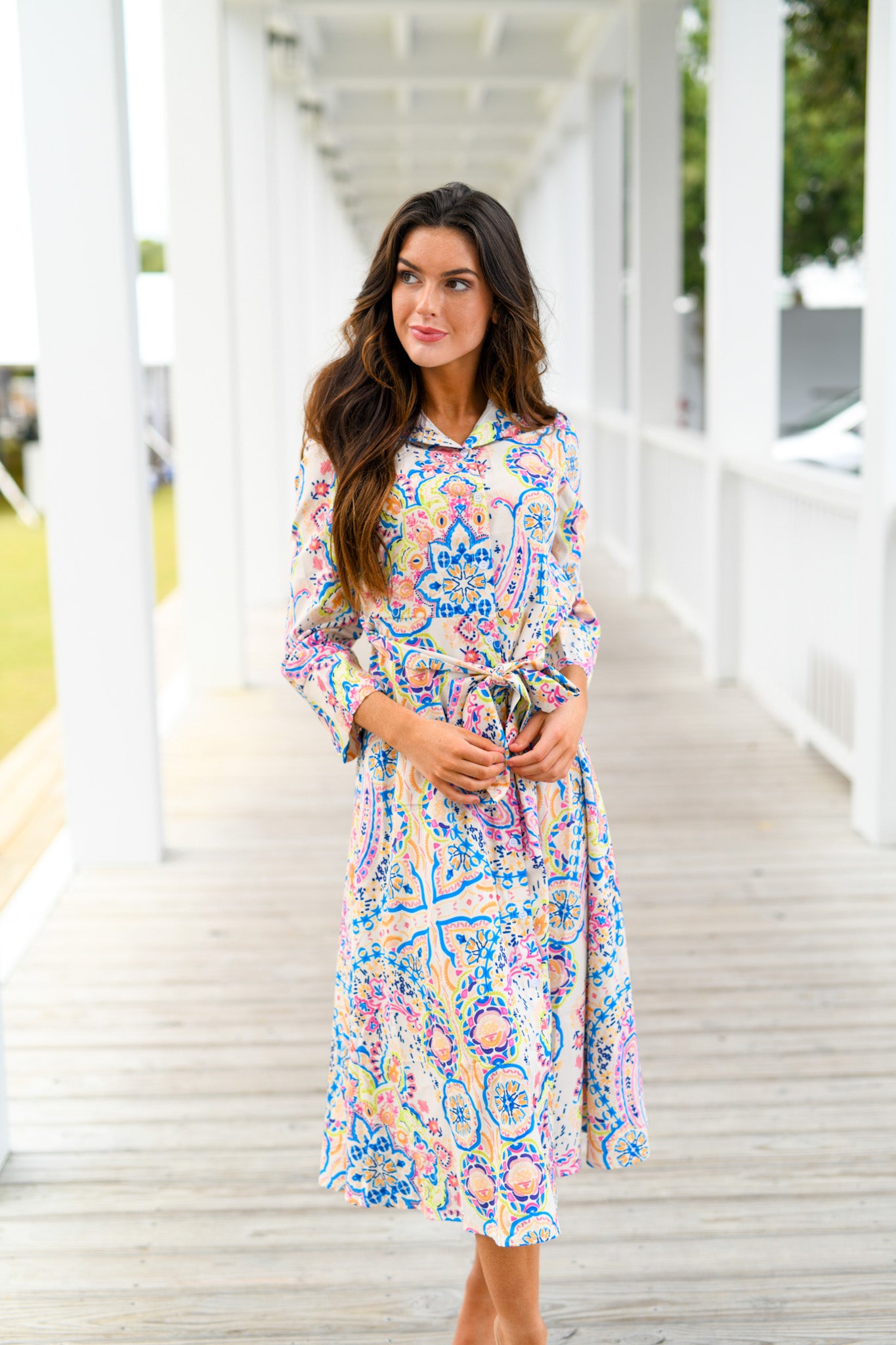 Ainsley Paisley Print Belted Midi Dress - Multi Color