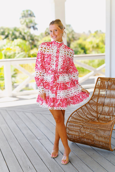 Gracie Long Sleeve Hem Dress - Fushia/White