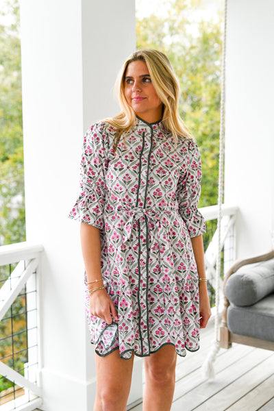 Aubrey Floral Belted Dress - Pink/Green