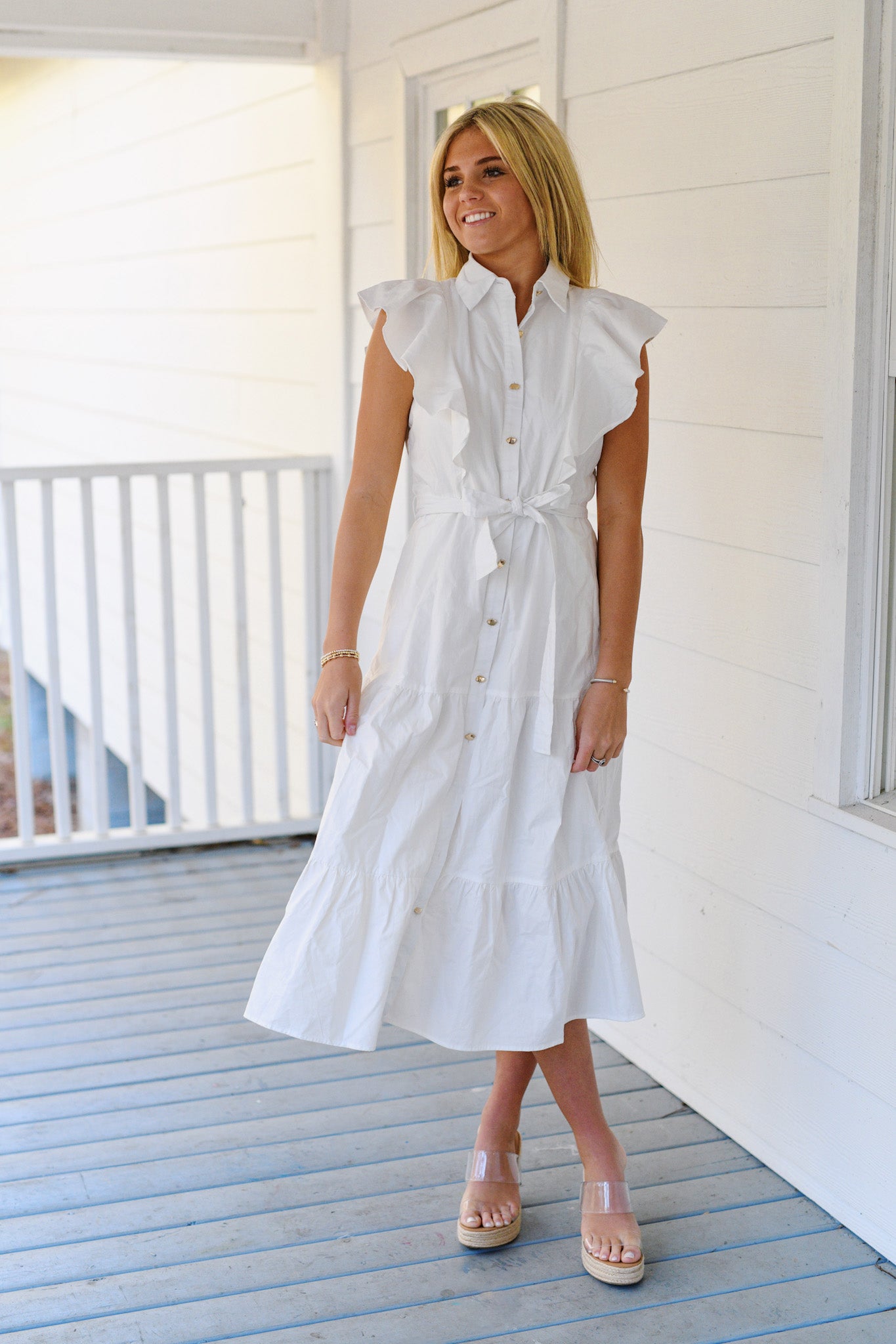 Jessica Ruffle Button-down Poplin Midi Dress - White