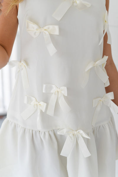 Satin Bow Peplum Mini Dress - White