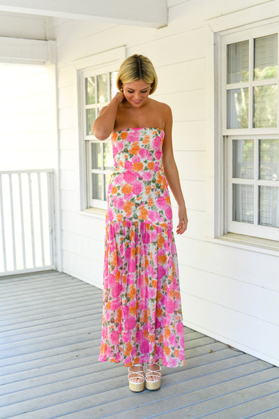 Hailey Strapless Asymmetric Floral Maxi Dress - Pink/Orange