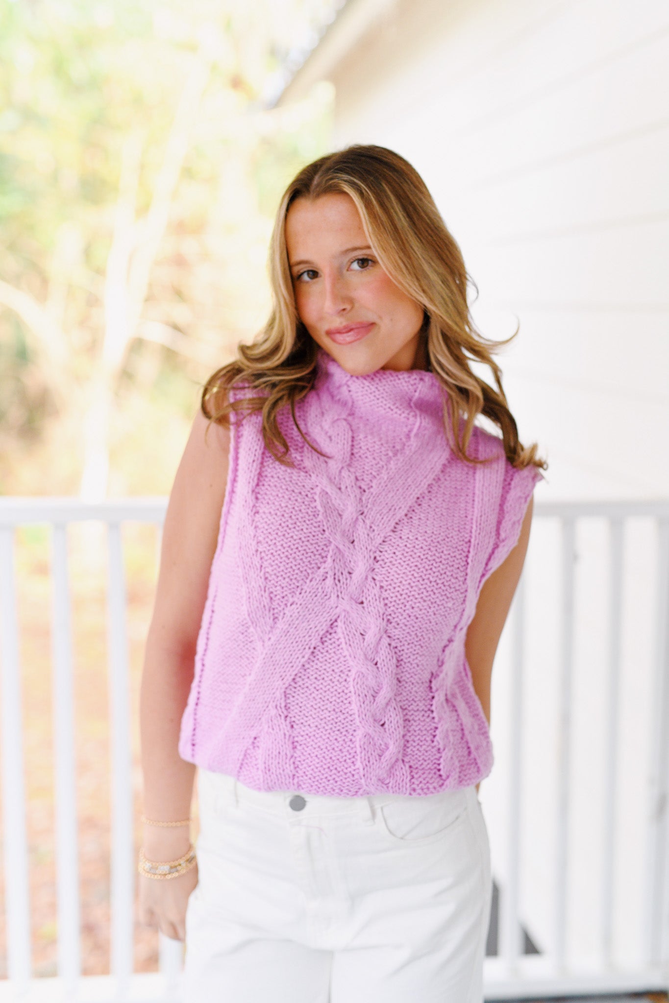 Kailey High Neck Cable Sweater Top - Pink