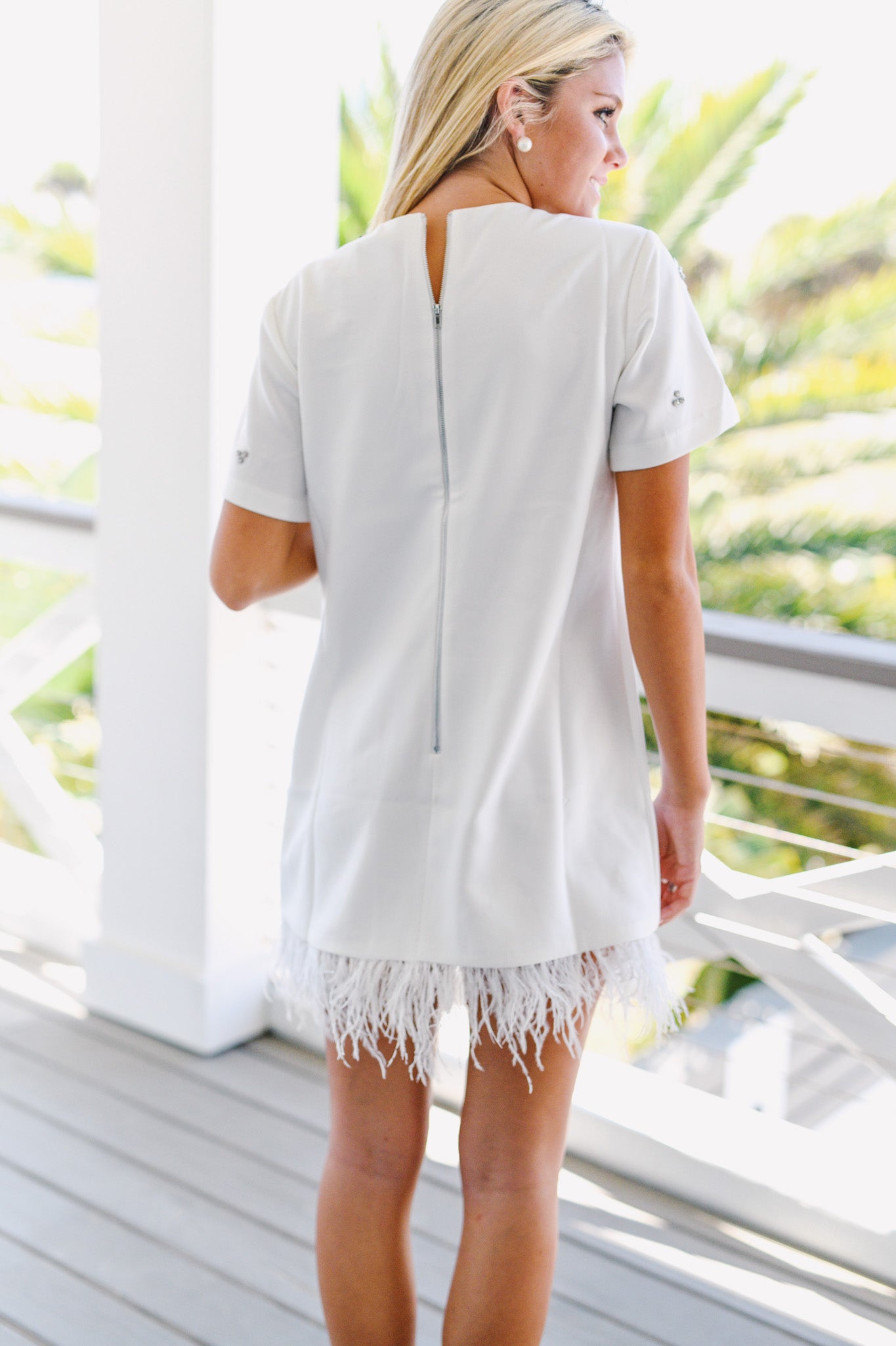 Short Sleeve Jeweled Feather Hem Mini Dress - White