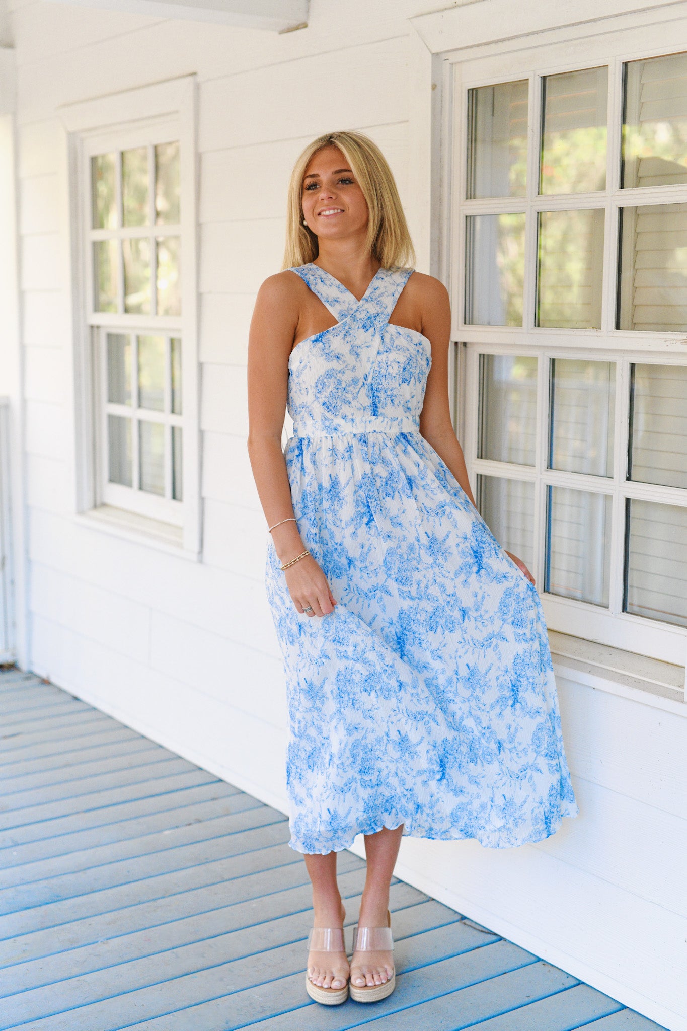 Madison Halter Midi Dress - Blue/White