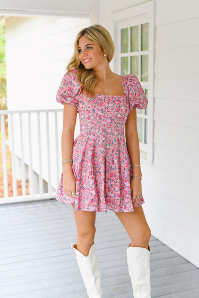 Madison Floral Puff Sleeve Square Neck Mini Dress - Pink