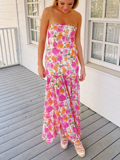 Hailey Strapless Asymmetric Floral Maxi Dress - Pink/Orange