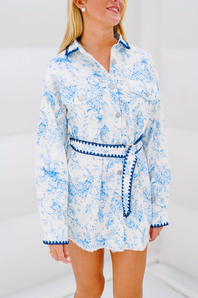 Bailey Floral Belted Tunic - Ivory/Blue