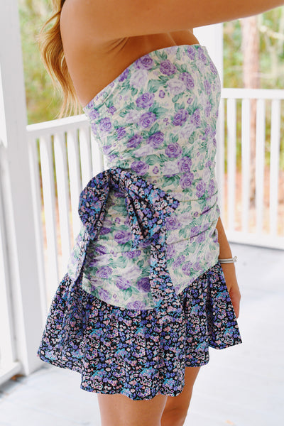 Alana Floral Contrast Side Ribbon Mini Dress - Cream Lavender
