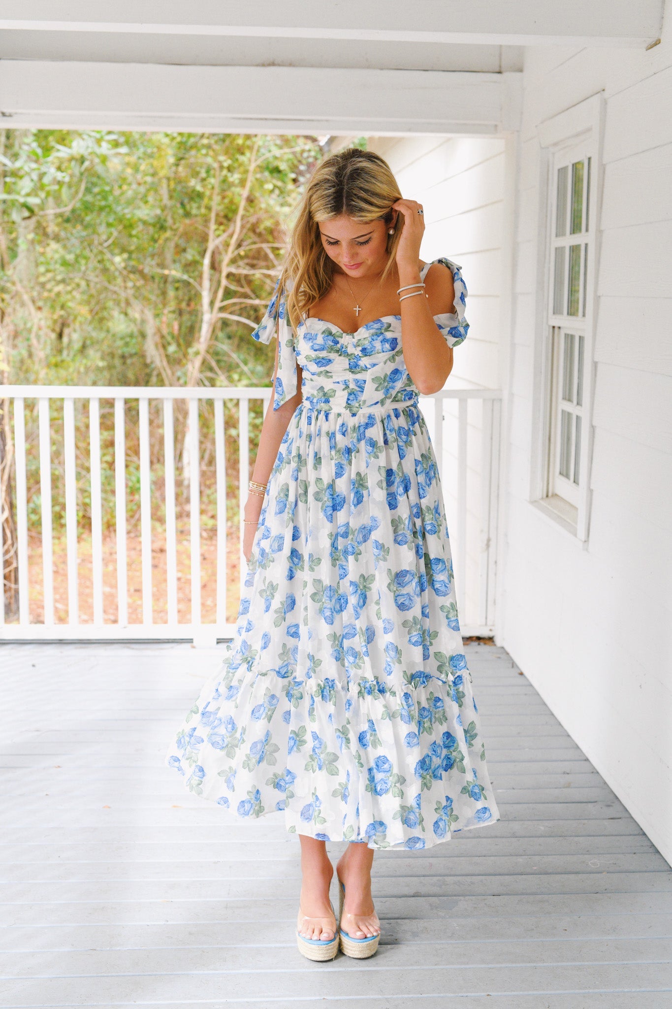 Gabby Tiered Midi Dress - Blue Floral