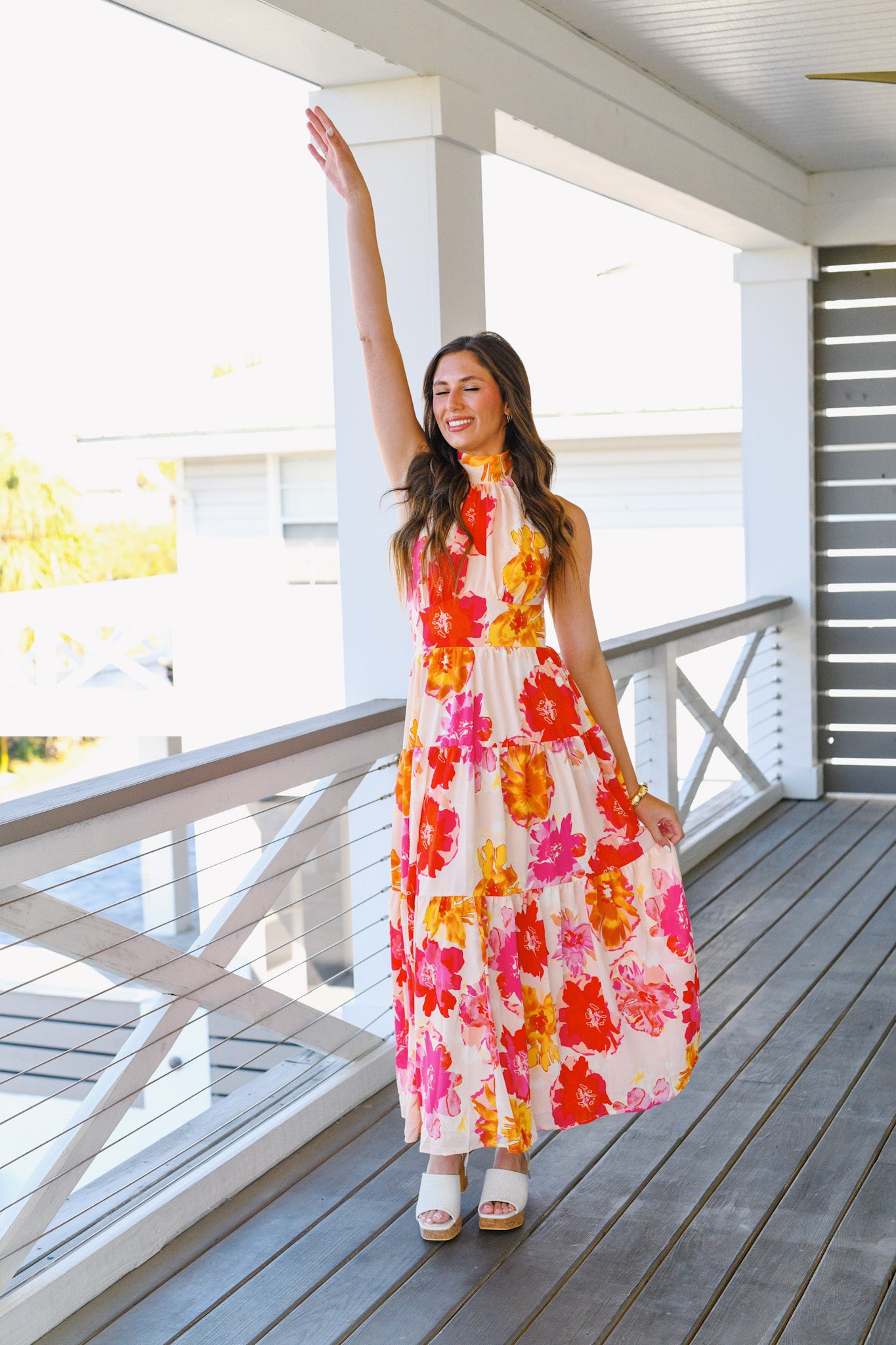 Bri Floral Halterneck Maxi Dress - Cream